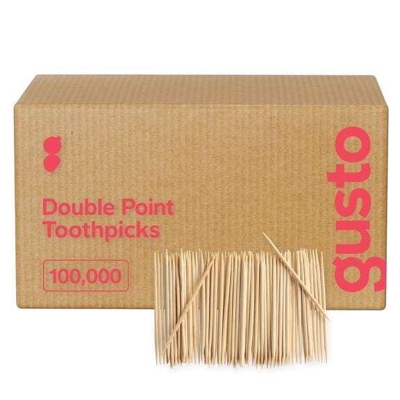 GUSTO Bamboo Toothpicks Double-Point Tooth Picks Wooden Appetizer Picks, Bulk 100,000 pack
