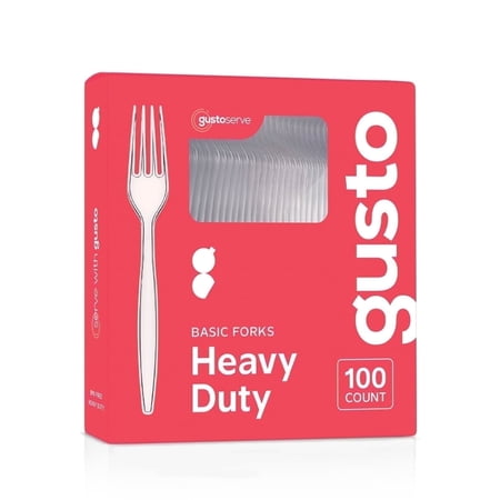 GUSTO Basic Clear Plastic Forks Disposable Cutlery Heavy Duty, 100-Pack
