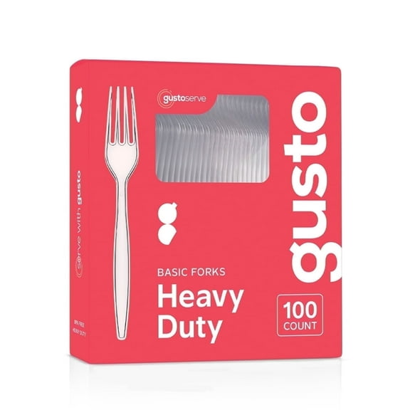GUSTO Basic Clear Plastic Forks Disposable Cutlery Heavy Duty, 100-Pack
