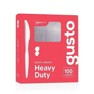 GUSTO Basic Clear Plastic Knives Disposable Cutlery Heavy Duty, 100-Pack