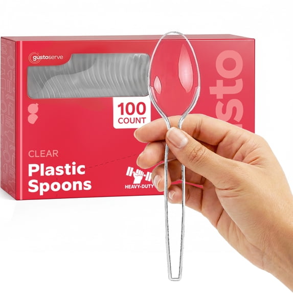 GUSTO Basic Clear Plastic Spoons Disposable Cutlery Heavy Duty, 100-Pack