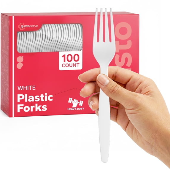 GUSTO Basic Plastic Forks Heavy Duty Disposable Cutlery, White 100-Pack