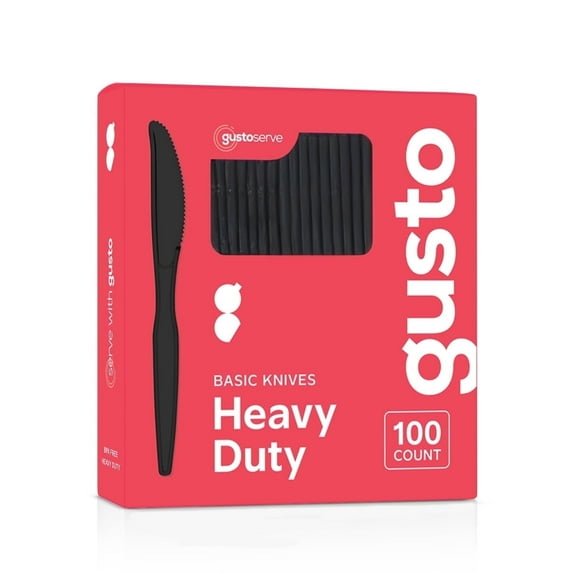 GUSTO Basic Plastic Knives Heavy Duty Disposable Cutlery, Black 100-Pack