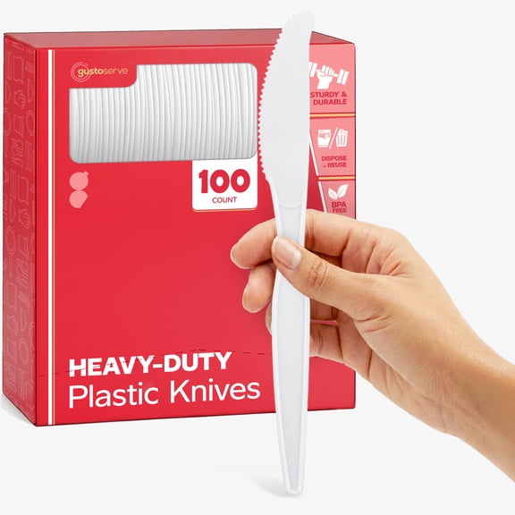 GUSTO Basic Plastic Knives Heavy Duty Disposable Cutlery, White 100-Pack