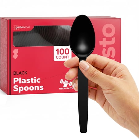 GUSTO Basic Plastic Spoons Heavy Duty Disposable Utensils, Black 100-Pack