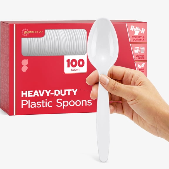 GUSTO Basic Plastic Spoons Heavy Duty Disposable Utensils, White 100-Pack