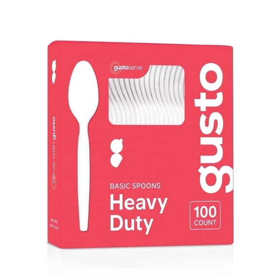 GUSTO Basic Plastic Spoons Heavy Duty Disposable Utensils, White 100-Pack