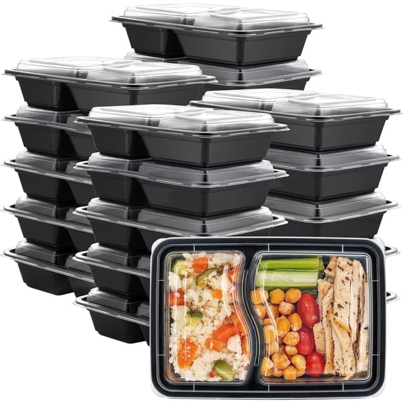 GUSTO 28 oz Bento Boxes 2-Compartment Meal Prep Containers with Lids, Microwave Freezer and Dishwasher Safe, 50 Count