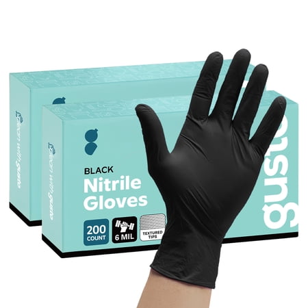 GUSTO XL Black Nitrile Disposable Gloves, Heavy Duty 6 Mil, Latex-Free, Powder-Free, Ideal for Food Prep and Cleaning, 200 Count
