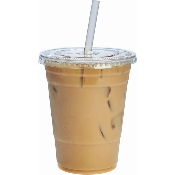 GUSTO Clear Plastic Cups 10 Oz Disposable Coffee Cups with Lids, 100-Pack