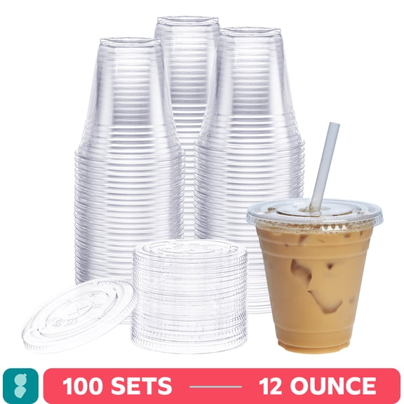 GUSTO 12 Oz Disposable Clear Plastic Cups with Lids, Cold Drink Cups for Smoothies, Iced Coffee and Juices, 100 Count