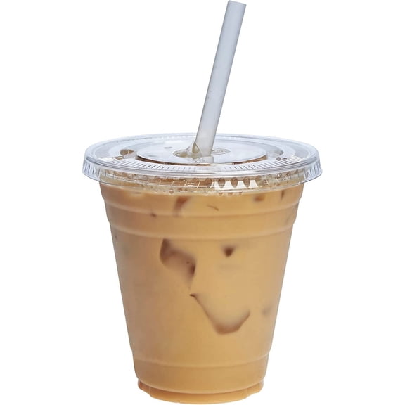 GUSTO 12 oz Clear Plastic Cups with Flat Lids, Disposable Drinking Cups for Iced Coffee, Milkshakes, & Smoothies, 50 Count