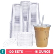 GUSTO 16 oz Clear Plastic Cups with Flat Lids, Disposable Drinking Cups for Iced Coffee, Milkshakes, Smoothies, 100 Count