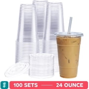 GUSTO 24 oz Clear Plastic Cups with Flat Lids, Disposable Drinking Cups for Iced Coffee, Milkshakes, & Smoothies, 100 Count