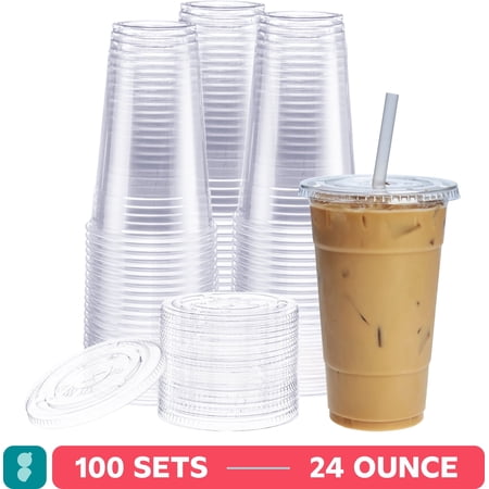 GUSTO 24 oz Clear Plastic Cups with Flat Lids, Disposable Drinking Cups for Iced Coffee, Milkshakes, & Smoothies, 100 Count