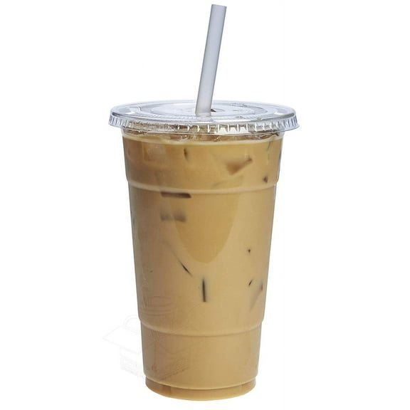 GUSTO Clear Plastic Cups 24 Oz Disposable Coffee Cups with Lids, 100-Pack