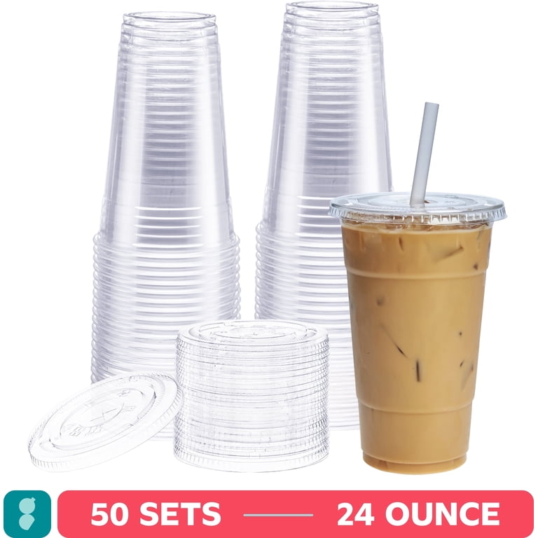 24 oz. Plastic Cups With Flat Lids [50 Sets]