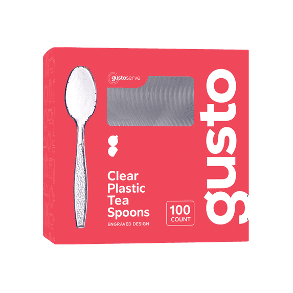 GUSTO Clear Tea Spoon Plastic Silverware Heavy Duty Disposable Cutlery, 100-Pack