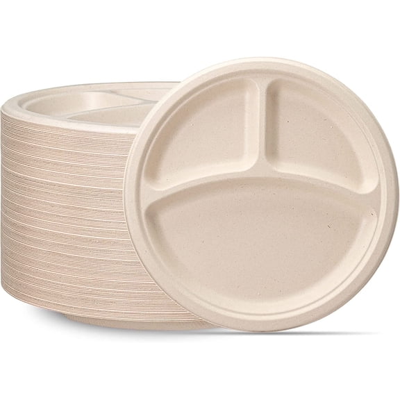 GUSTO Compostable Paper Plates Heavy Duty Disposable Compartment Plates, 125-Pack