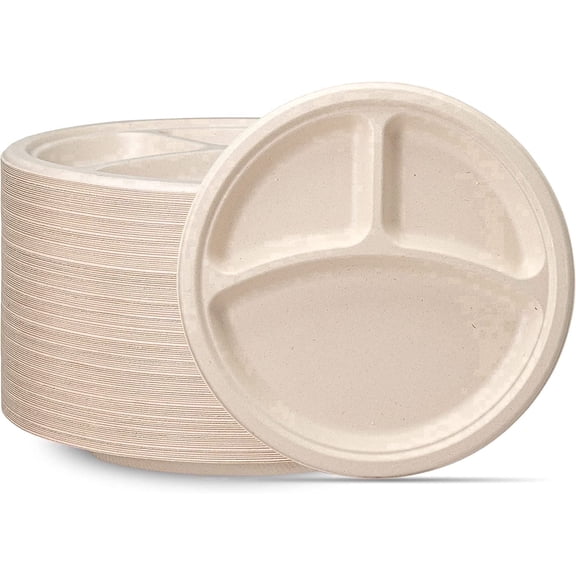 GUSTO 10 Inch 100% Compostable 3-Compartment Paper Plates, Eco-Friendly Heavy Duty Disposable Dinnerware, 125 Count