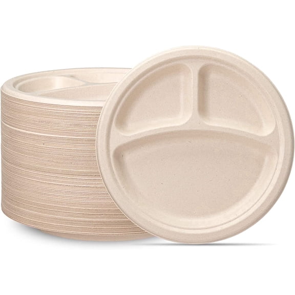 GUSTO 9 Inch 100% Compostable 3-Compartment Paper Plates, Eco-Friendly Heavy Duty Disposable Dinnerware, 125 Count