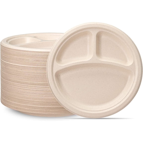 GUSTO 9 Inch 100% Compostable 3-Compartment Paper Plates, Eco-Friendly Heavy Duty Disposable Dinnerware, 125 Count