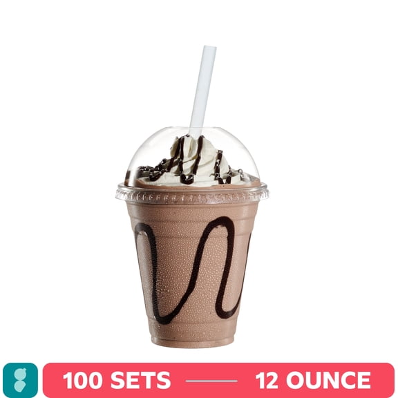 GUSTO Crystal Clear Disposable Cups 12 Oz Plastic Cups with Dome Lids, 100-Pack