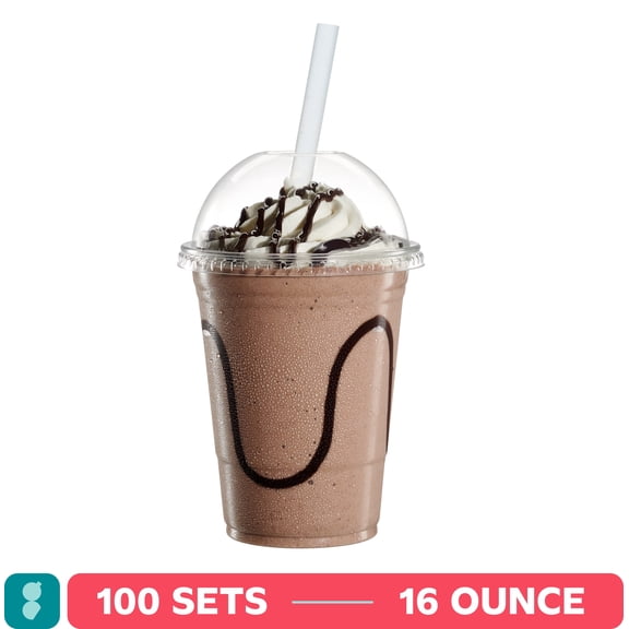 GUSTO Crystal Clear Disposable Cups 16 Oz Plastic Cups with Dome Lids, 100-Pack