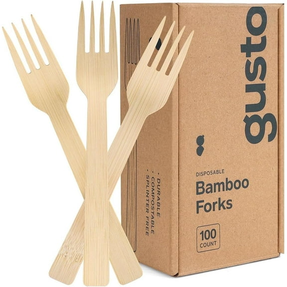 GUSTO Disposable Bamboo Forks, Biodegradable Cutlery Utensils, 100-Pack