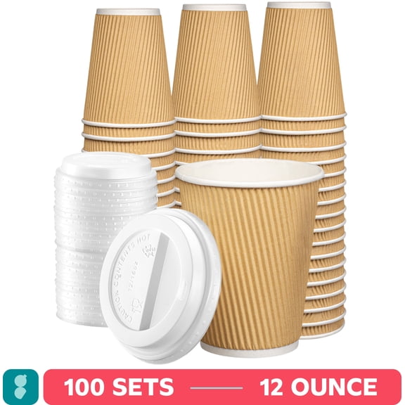 GUSTO 12 oz Kraft Disposable Coffee Cups with Lids, Insulated Paper Hot Cups for Coffee & Tea, 100 Count