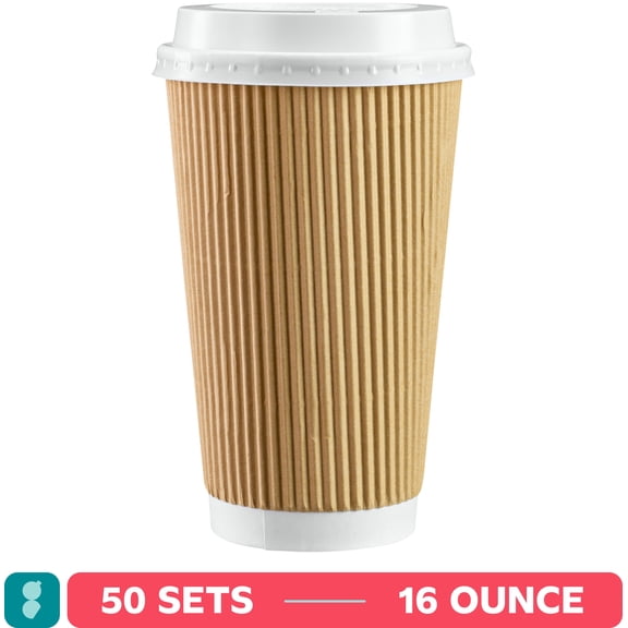 GUSTO 16 oz Kraft Disposable Coffee Cups with Lids, Insulated Paper Hot Cups for Coffee & Tea, 50 Count