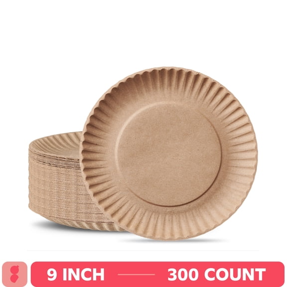 GUSTO Disposable Kraft Uncoated Paper Plates, 9 Inch, 300-Pack