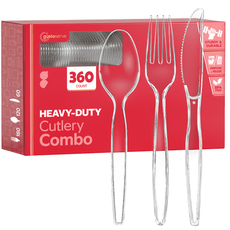 GUSTO Disposable Silverware Combo Pack with Clear Forks, Spoons, and Knives, 360-Pack