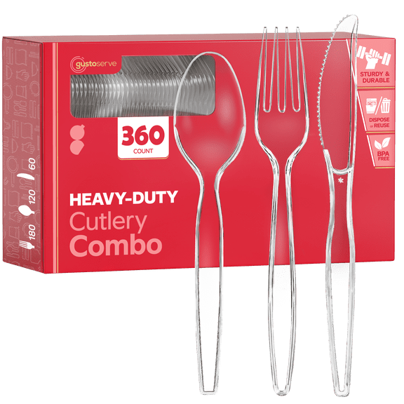 GUSTO Disposable Silverware Combo Pack with Clear Forks, Spoons, and Knives, 360-Pack