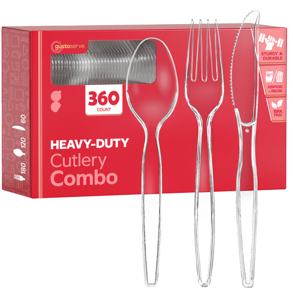 GUSTO Disposable Silverware Combo Pack with Clear Forks, Spoons, and Knives, 360-Pack