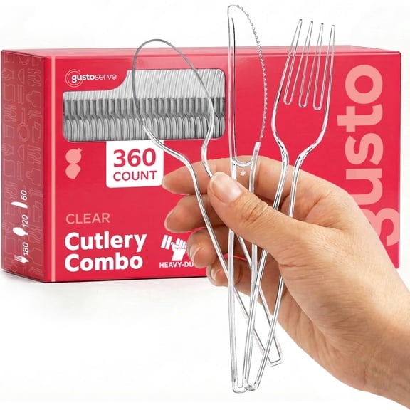 GUSTO Disposable Silverware Combo Pack with Clear Forks, Spoons, and Knives, 360-Pack