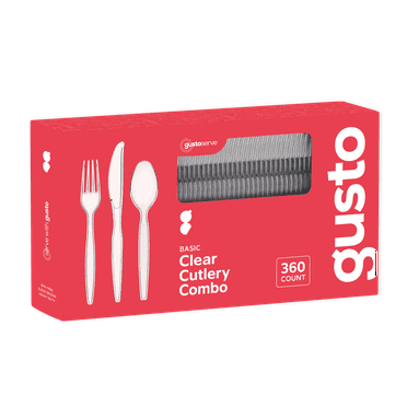 GUSTO Disposable Silverware Combo Pack with Clear Forks, Spoons, and Knives, 360-Pack
