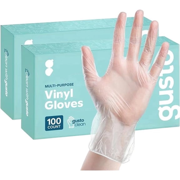 GUSTO Disposable Vinyl Gloves Food Grade Latex-Free Clear, 200-Pack XL