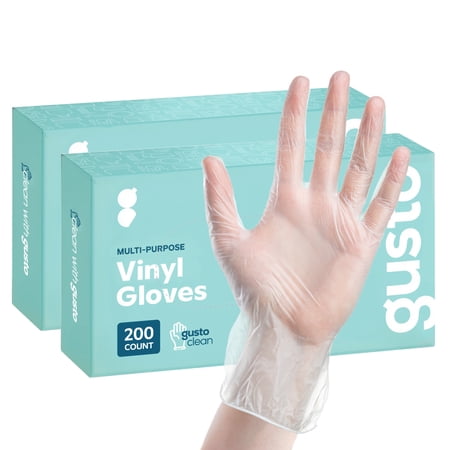 GUSTO Disposable Vinyl Gloves Food Grade Latex-Free Clear, 200-Pack XL