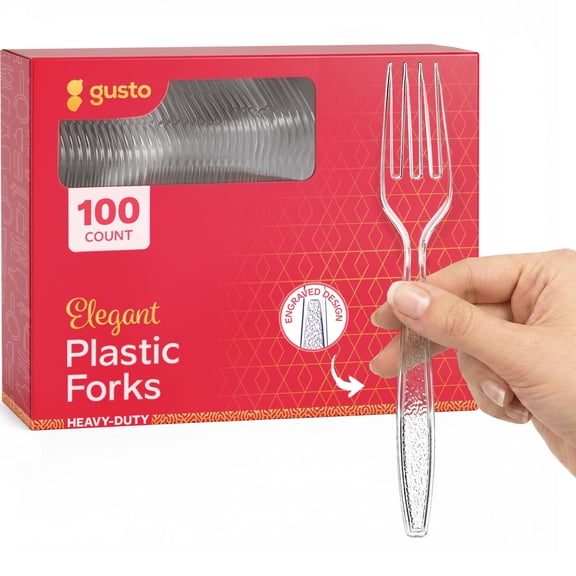 GUSTO Engraved Plastic Forks Disposable Silverware Heavy Duty Cutlery Clear, 100-pack