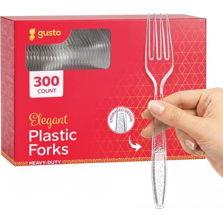 Gusto Engraved Plastic Forks Disposable Silverware Heavy Duty Cutlery Clear, 300-pack