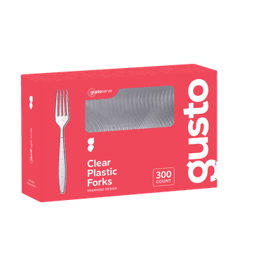 GUSTO Engraved Plastic Forks Disposable Silverware Heavy Duty Cutlery Clear, 300-pack