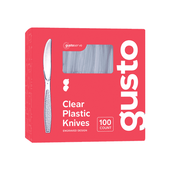 GUSTO Engraved Plastic Knives Disposable Silverware Cutlery, 100-Pack