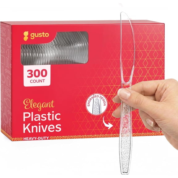 GUSTO Engraved Plastic Knives Disposable Silverware Cutlery, 300-Pack