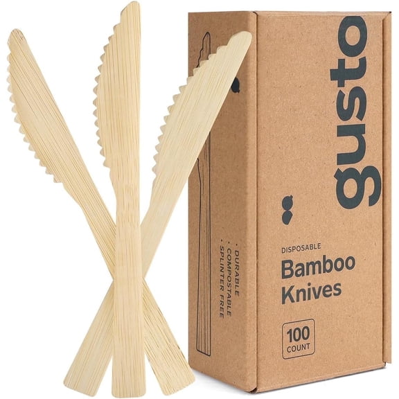 GUSTO Natural Bamboo Disposable Knives, Eco Friendly Compostable Cutlery for Parties and Events, 100 Count