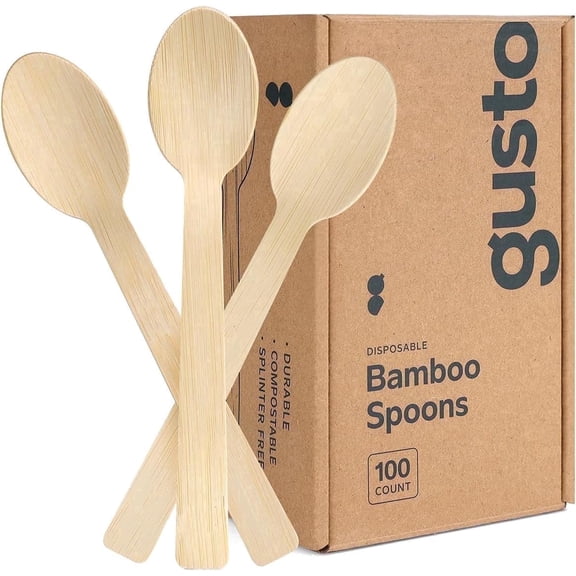GUSTO Natural Wooden Spoons Disposable, Compostable Bamboo Utensils, 100-Count