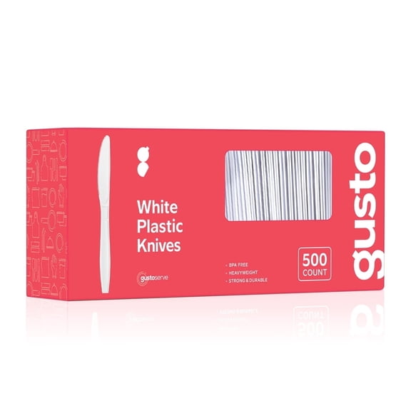 GUSTO Heavy Duty Plastic Knives, Disposable White Cutlery for Parties and Events, 500 Count