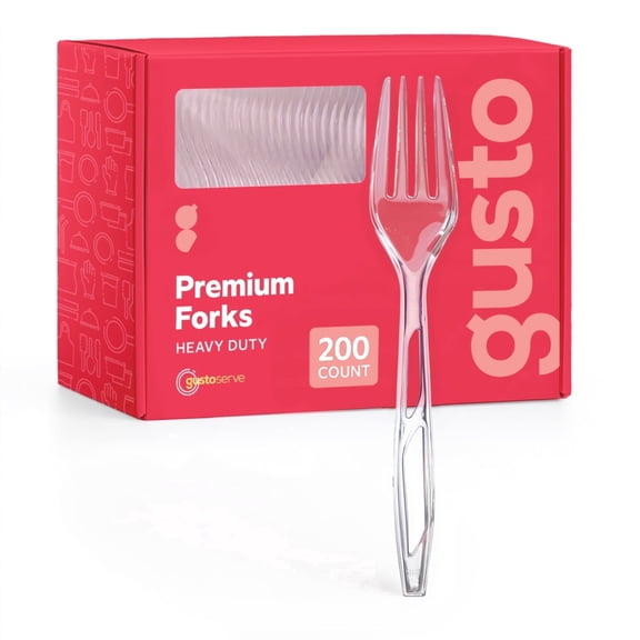 GUSTO Premium Clear Plastic Forks Heavy Duty Disposable Silverware, 200-Pack