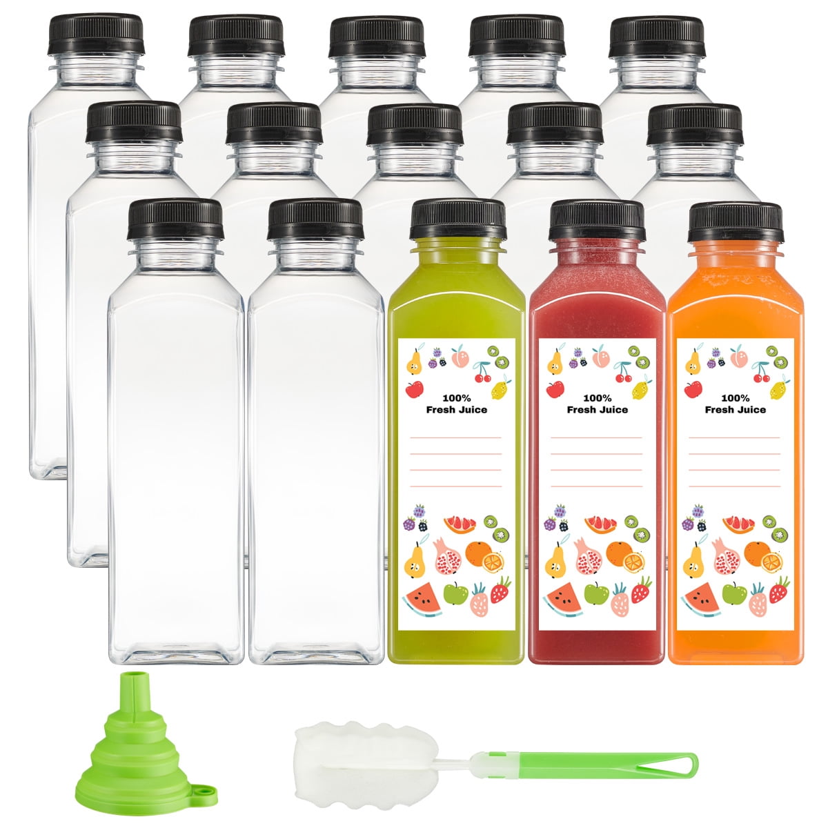 GUSTO Reusable Plastic Juice Bottles with Caps, Labels, Brush, and ...
