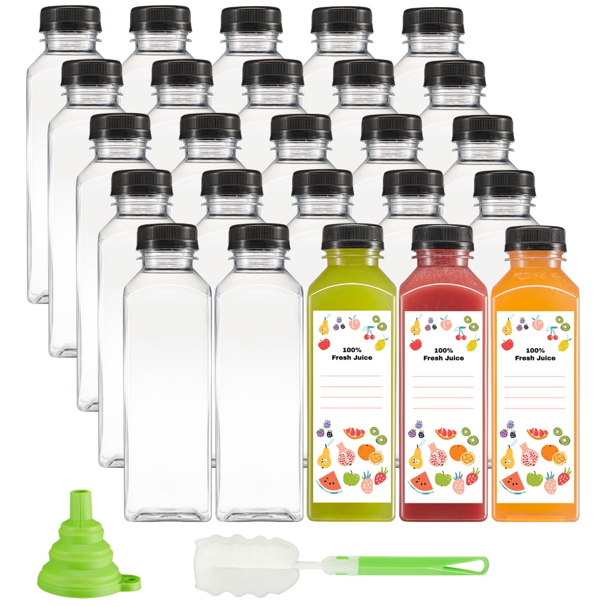 GUSTO Reusable Plastic Juice Bottles with Caps, Labels, Brush, and Silicone Funnel, 16 oz, 25-Pack